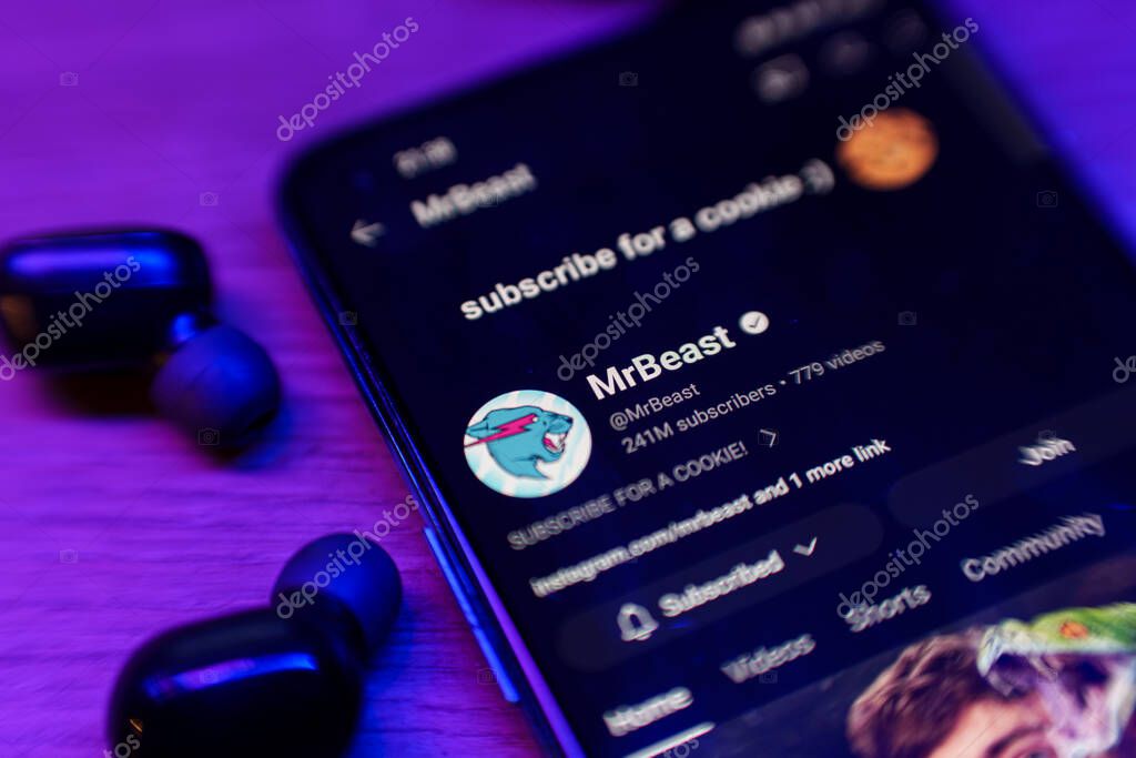 Kaunas, Lithuania - 2024 March 1: MrBeast youtube channel on smartphone screen. High quality photo