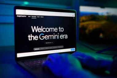 Kaunas, Litvanya - 17 Şubat 2024: İnternette Gemini Al Chatbot 'la sohbet eden adama yakın çekim. Yüksek kalite fotoğraf