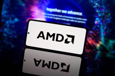 California, United States America - may 15: AMD company logo shown on phone screen. Advanced Micro Devices. High quality photo clipart