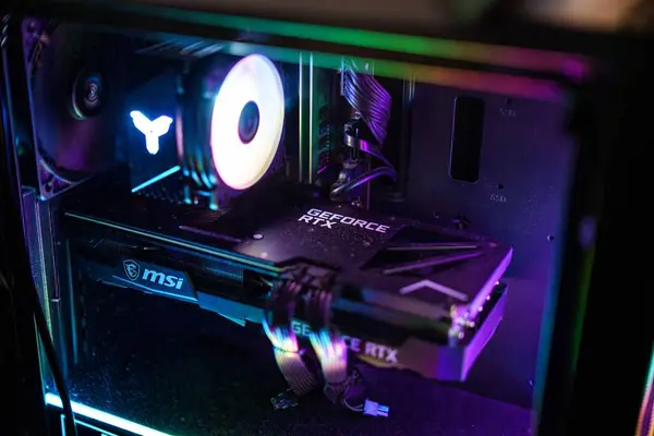 Stock image Kaunas, Lithuania - April 29, 2024: NVIDIA GeForce RTX graphics card in modern colorful computer system with RGB lighting. High quality photo