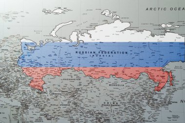 Rus federasyon bölgesi jeopolitik haritada Rus bayrağı renkleriyle birlikte. Yüksek kalite fotoğraf