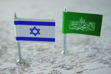 Israel and hamas national flags on geopolitical middle east map. High quality photo clipart