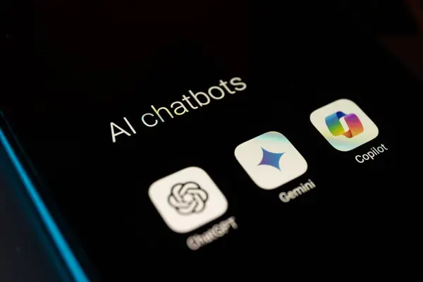stock image Kaunas, Lithuania - 2024 August 16: Artificial intelligence assistant language models on smartphone screen. ChatGPT, Gemini and Copilot