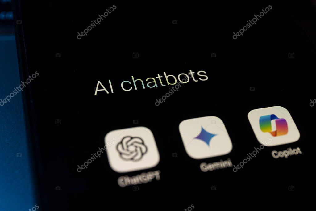 Kaunas, Lithuania - 2024 August 16: Artificial intelligence assistant language models on smartphone screen. ChatGPT, Gemini and Copilot