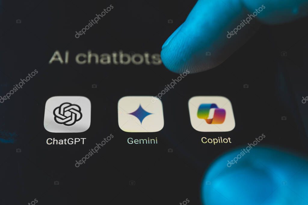 Kaunas, Lithuania - 2024 August 16: Artificial intelligence assistant language models on smartphone screen. ChatGPT, Gemini and Copilot