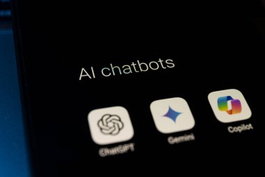 Kaunas, Lithuania - 2024 August 16: Artificial intelligence assistant language models on smartphone screen. ChatGPT, Gemini and Copilot clipart