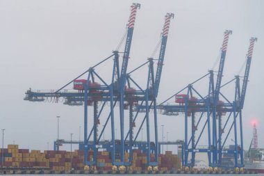 Klaipeda, Litvanya - 15 Eylül 2024: Klaipeda limanında vinçleri olan kargo konteynır terminali. Yüksek kalite fotoğraf