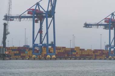 Klaipeda, Litvanya - 15 Eylül 2024: Klaipeda limanında vinçleri olan kargo konteynır terminali. Yüksek kalite fotoğraf