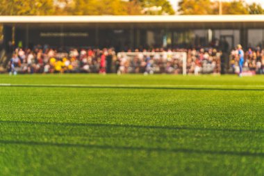 Stadyum kalabalığının arka planındaki futbol sahasının çimlerini kapatın. Yüksek kalite fotoğraf