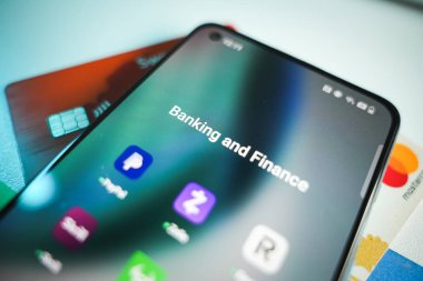 Kaunas, Litvanya - 2024 Ekim 28: Akıllı telefon ekranında bankacılık ve finans uygulamaları. Paypal, Zello, Venmo, Revolut. Yüksek kalite fotoğraf