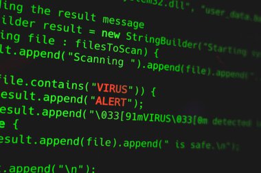 Ekranda Virüs Uyarıları yazan yeşil kod hattı. Güvenlik online konsepti. Yüksek kalite fotoğraf