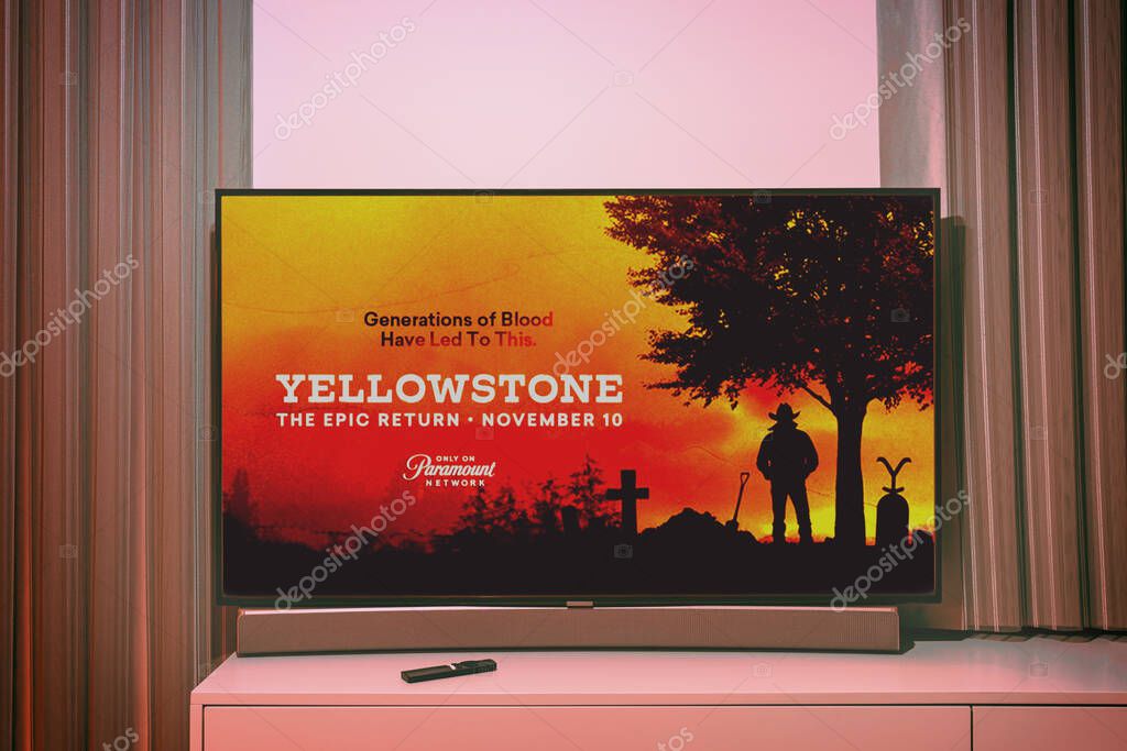 TV series Yellowstone displayed on TV screen. TV show Yellowstone is made by Paramount Network. Vilnius, Lithuania - 2024 November 3