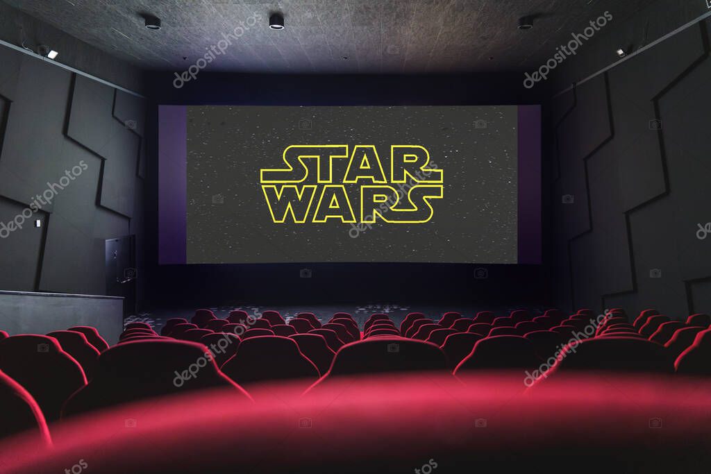 Star Wars movie on the screen in the cinema. High quality photo. Paris, France - November 4, 2024