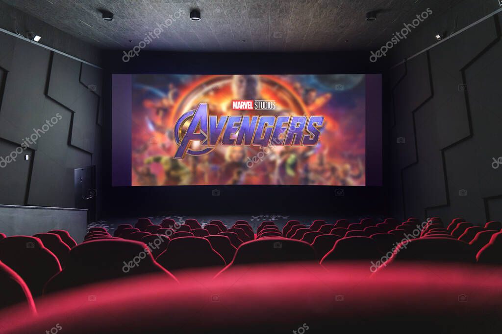 Avengers movie on the screen in the cinema. High quality photo. Paris, France - 2024 November 4