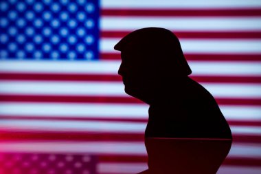 Amerika Birleşik Devletleri bayraklarında Donald Trump silueti. Washington DC, ABD - 2024 Kasım 10