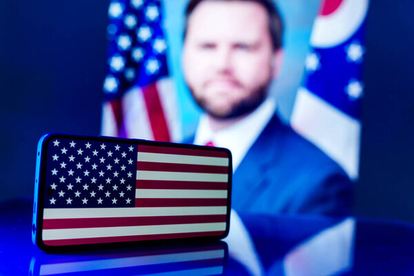 Flag of USA in the background JD Vance the Vice President of United States of America. Washington DC - 2024 November 10