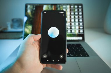 Riga, Letonya - 27 Ekim 2024: OpenAI tarafından geliştirilen ChatGPT 'deki gelişmiş ses modu telefon ekranında görüntülendi. Yüksek kalite fotoğraf