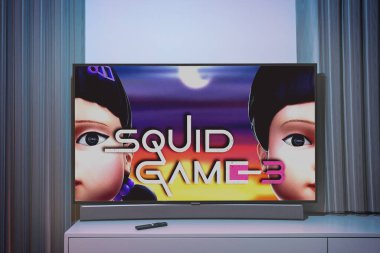 Mürekkep Balığı Oyunu 3 için başlık ekranını gösteren bir televizyon. 2 Ocak 2025