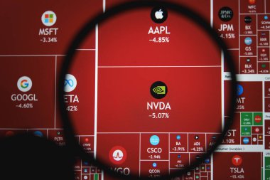 Hisse senedi ısı haritası Apple, Microsoft, Meta ve Nvidia gibi büyük teknoloji hisselerinde bir düşüş olduğunu gösteriyor, kırmızı piyasa kayıpları 10, 2025
