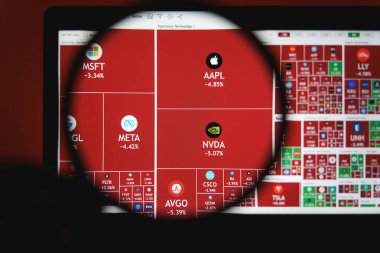 S ve P 500 hisse senedi borsası ısı haritası büyük Amerikan teknoloji şirketleri MSFT, AAPL, META, NVDA 'yı kırmızı ile gösteriyor. Bu da piyasa düşüşünü veya ciddi kayıpları gösteriyor. Mach 10, 2025