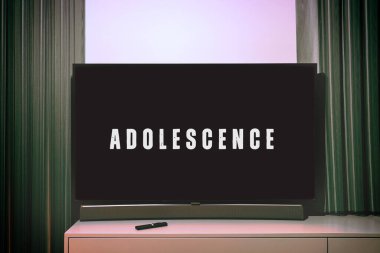 Bir Netflix serisinden Ergenlik başlığını gösteren televizyon ekranı. Ekranın altındaki dolaba uzaktan kumanda yerleştiriliyor. 5 Nisan 2025