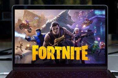  Fortnite oyun başlığı ekranı bir dizüstü bilgisayarda görüntülendi. 6 Nisan 2025