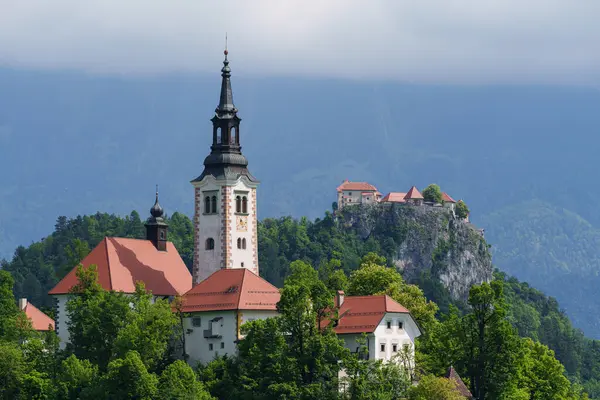  Slovenya 'nın Bled Island şehrinde ormanla çevrili Hüküm Kilisesi' nin yakın görüntüsü. Yüksek kalite fotoğraf