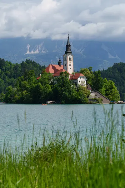 Varsayım Kilisesi ile Bled Gölü, Slovenya 'nın en iyi seyahat noktası. Yüksek kalite fotoğraf