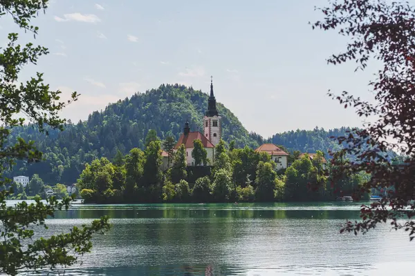 Bled Island 'da sakin gölde kilise ve manzaralı dağlık bir arka plan. Yüksek kalite fotoğraf