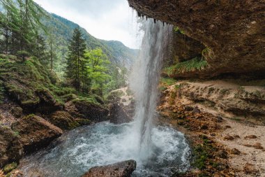 Slovenya 'nın Triglav Ulusal Parkı' ndaki Pericnik Şelalesi 'nin arkasından, yemyeşil orman ve dağ zeminiyle manzarayı izleyin. Yüksek kalite fotoğraf