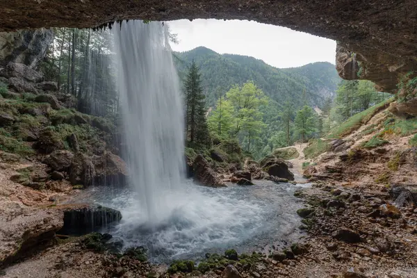 Slovenya 'nın Triglav Ulusal Parkı' ndaki Pericnik Şelalesi 'nin arkasından, yemyeşil orman ve dağ zeminiyle manzarayı izleyin. Yüksek kalite fotoğraf