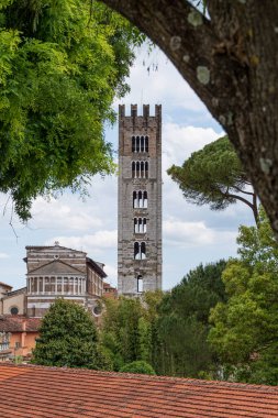 Lucca, Toskana, İtalya 'daki tarihi çan kulesi ve kilise manzarası, yeşil ağaçlarla çevrili. Yüksek kalite fotoğraf
