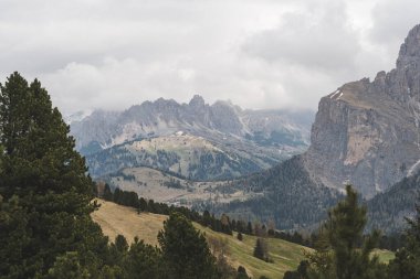 Mountain view with cloudy sky and forest in Dolomites, Italy. High quality photo