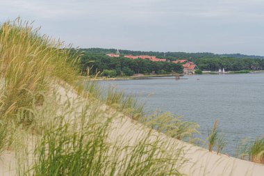 Litvanya, Nida 'da çimenli kum tepeleri, deniz manzaralı ve bulutlu bir günde kırmızı çatı binaları. Yüksek kalite fotoğraf