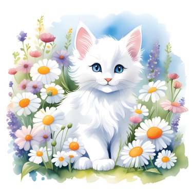 - Sanat. Çiçekli bir çimenlikte güzel bir kedi yavrusunun suluboya çizimi. Elbise baskısı. Moda illüstrasyonu. çizgi film kedisi.