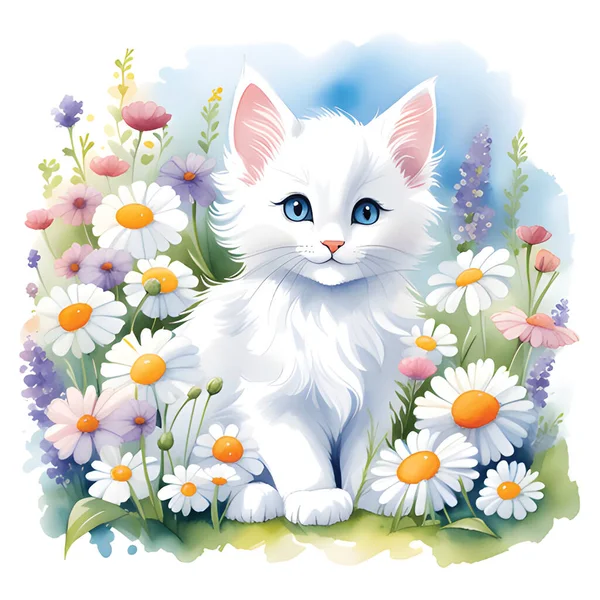 Umění Akvarel Ilustrace Roztomilé Krásné Kotě Trávníku Květinami Vytiskněte Oblečení — Stockový vektor