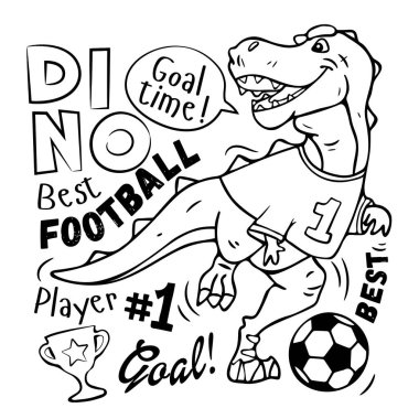 Boyama. Şirin dinozor futbol oynuyor. Çocuk posteri, tişört, parmak izi, çocuk odası kapama, kumaşlar için tasarım. Vektör çizimi. T-Rex dinozoru. Futbol mu?