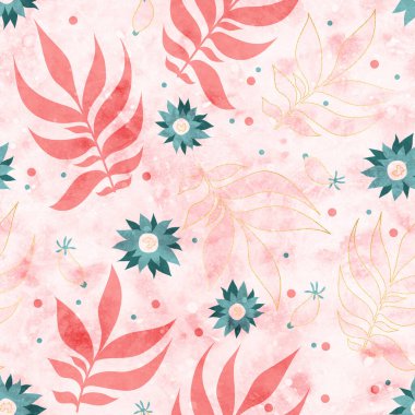 Seamless pattern with floral ornament. Green flowers and pink leaves. Imitation of watercolor. Design for a card, invitation, packaging, wallpaper or scrapbooking decoration. Printing on fabric or paper.