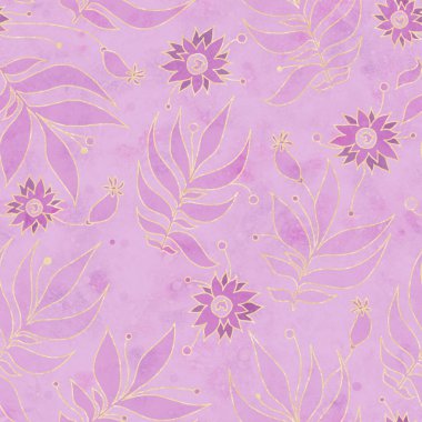 Çiçek süsü ile kusursuz desen. Pembe suluboya arka planda altın sarısı çiçekler. Tasarım için Raster illüstrasyonu, kağıt ve kumaş üzerine baskı.