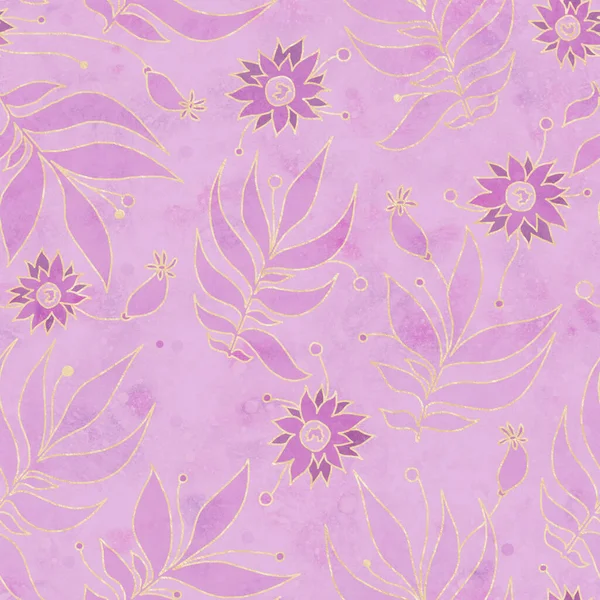 花の装飾とシームレスなパターン ピンク色の水彩の背景に金のピンクの花 デザイン 紙や布に印刷のためのラスターイラスト — ストック写真