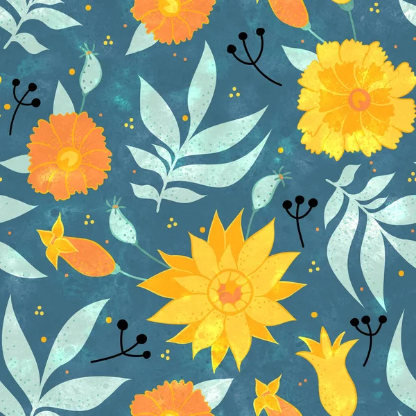 花の装飾とシームレスなパターン 青い水彩地に鮮やかな黄色の花を咲かせます デザインのためのラスターイラスト 紙や布に印刷する — ストック写真