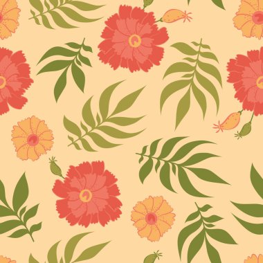 Çiçek süsü ile kusursuz desen. Tekstil, ambalaj, ambalaj, ambalaj, kartpostal dekorasyonu için geçmişe dönük arka plan. Pembe ve sarı çiçekli arkaplan.