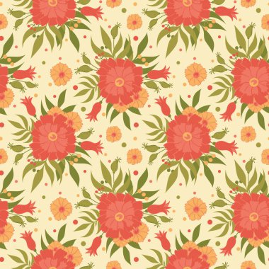 Çiçekli süs eşyasıyla kusursuz bir geçmişi var. Kırmızı ve sarı çiçekler açık arkaplanda. İç tasarım için Raster çizimi, ambalaj baskısı, ambalaj, kartpostal. Kumaş ve kağıda yazdırma.