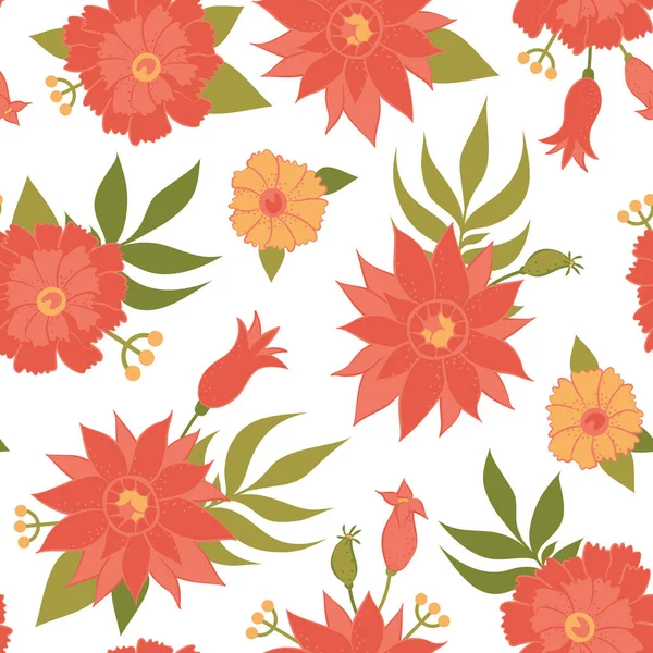 Seamless Background Floral Ornament Red Yellow Flowers White Background Vector — Stock Vector