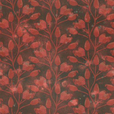 Kusursuz desen. Raster illüstrasyonu. Koyu arkaplanda suluboya kırmızı çiçekler. Kumaş ve kağıt üzerine ambalaj tasarımı, ambalaj, baskı için resim.