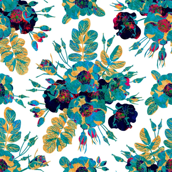 Bright retro seamless background with bright floral ornament. Seamless pattern in watercolor style. Design for clothes, packaging, wrappers and postcards. Printing on fabric and paper.