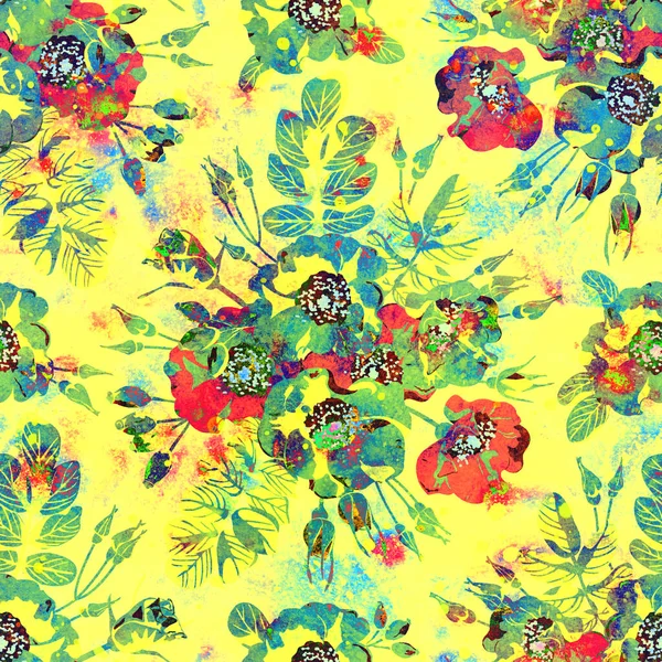 Retro seamless wallpaper. Seamless pattern with vintage bright floral ornament. Watercolor style. Design for clothes, packaging, wrappers and postcards. Printing on fabric and paper.