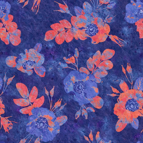 Bright retro seamless wallpaper. Seamless pattern in watercolor style. Orange flowers on a blue background. Design for clothes, packaging, wrappers and postcards. Printing on fabric and paper.