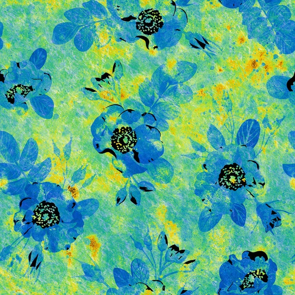 Bright retro seamless wallpaper. Seamless pattern in watercolor style. Blue flowers on a yellow background. Design for clothes, packaging, wrappers and postcards. Printing on fabric and paper.