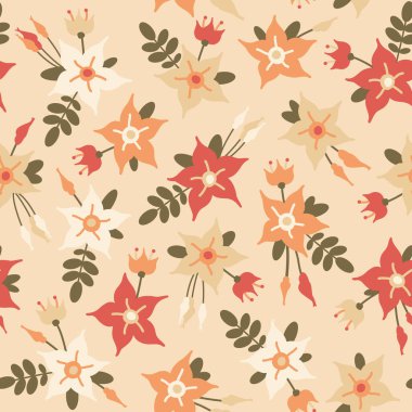 Çiçekli süs eşyasıyla kusursuz bir geçmişi var. Kumaş tasarımı, ambalaj, ambalaj ve daha fazlası için vektör çizimi. Kumaş ve kağıda yazdırma.